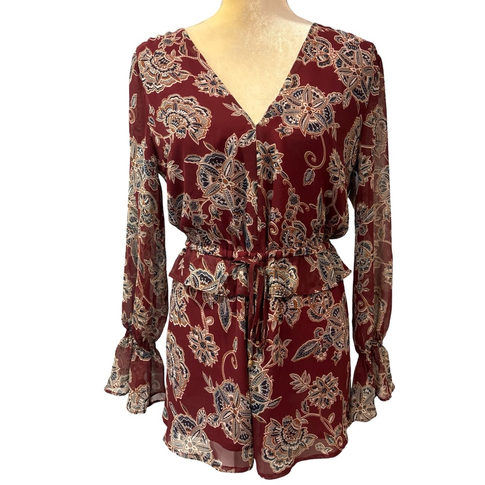 NWT Heirloom Giza Venice Romper Womens  Red Floral Long Sleeve V-Neck Size XS